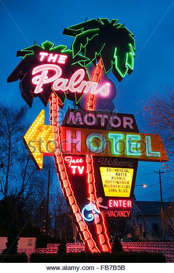 Neon sign for the Palms Motel, a retro icon of Portland, Oregon - Stock Image