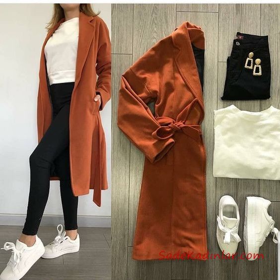 Spor Ayakkabı Kombinleri Siyah Skinny Pantolon Beyaz Bluz Tarçın Uzun Hırka Beyaz Spor Ayakkabı #moda #fashion #fashionoutfits #fashionblogger