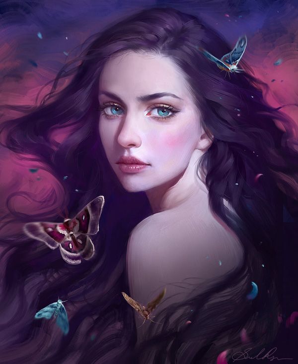 Forgotten Melody - Digital painting of a beautiful girl surrounded by butterflies. The purple hue and overall dark tone contrasts with the soft facial features of the girl.