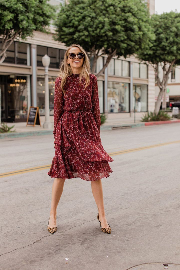 burgundy floral dress and leopard pumps | merrickart.com