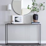 AM Dolce Vita: DIY Moroccan Wedding Blanket Tassels, Minimalist Hallway Table, Round Mirror, Modern Rustic Style, Hygge Home, Scandinavian Style Home, black metal entry table with round mirror above, lamp on entry table, modern simple console table style,