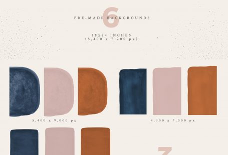 Watercolor Shapes and Backgrounds in Rust, Navy and Blush Pink + Ink Splashes by Basia Stryjecka.   Hand-painted watercolor shapes, backgrounds, and ink splashes. Perfect for print and web projects such as wedding invitations, branding, greeting cards, and many other uses. Create your own compositions or use any of the six pre-made backgrounds to get started.