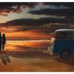 Premium Wandfolie »Mausopardia: Surfen in Kalifornien mit Bulli T1«