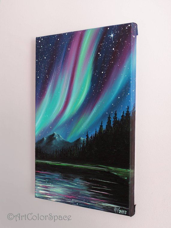 Aurora borealis Northern lights Mountains Starry sky Southern Lights Australia Galaxy painting on canvas Forest painting - #Aurora #auroraborealis #Australia #Borealis 