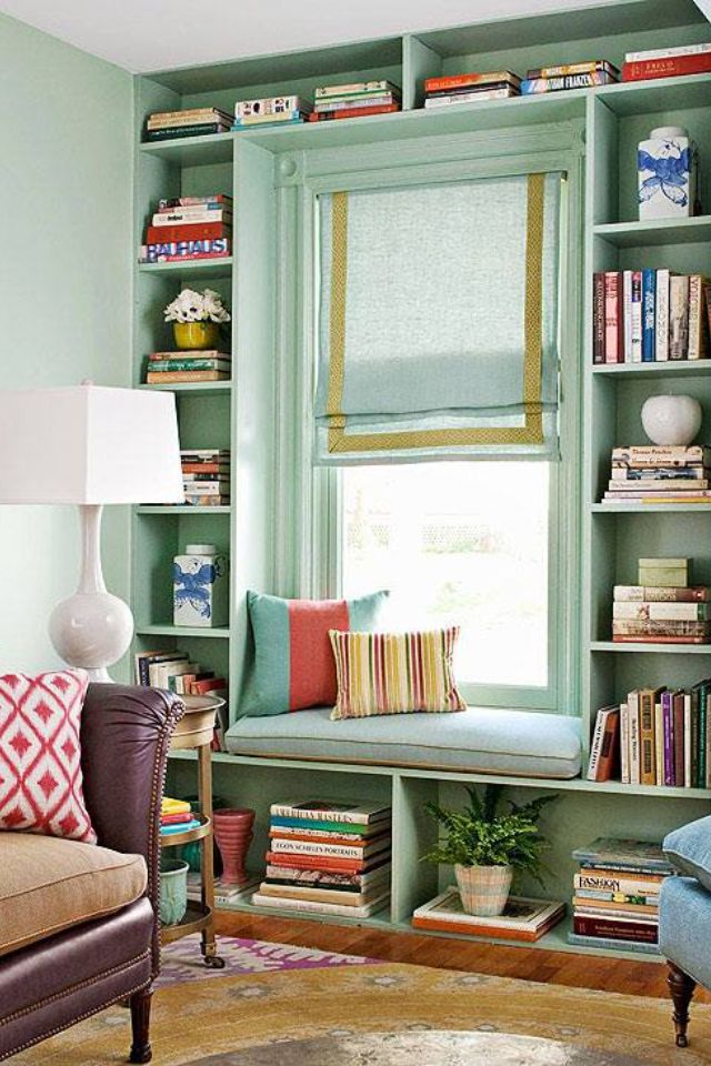 Beautiful book shelves and window seat...