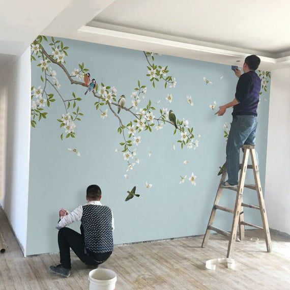Birds and Flowers Wallpaper Wall Mural Floral Wall ArtWall | Etsy