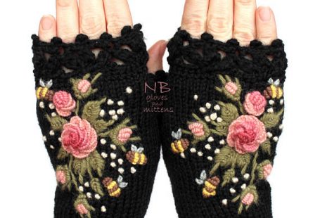 Knitted Fingerless Gloves Black Roses Rose Pastel Pink