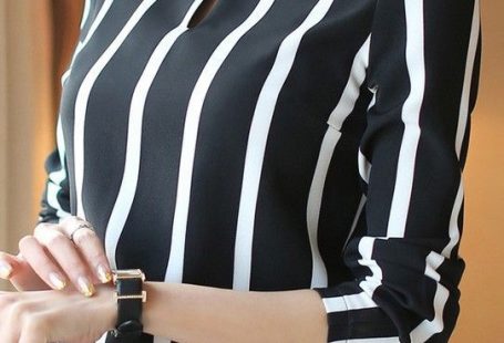 Black and White Striped Chiffon Shirt with Long Sleeves Plus Size - WSDear.com