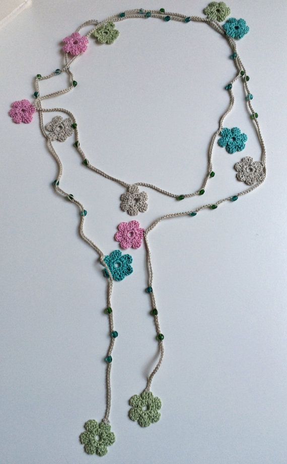 Blue green and pink flowers Turkish style by GabyCrochetCrafts