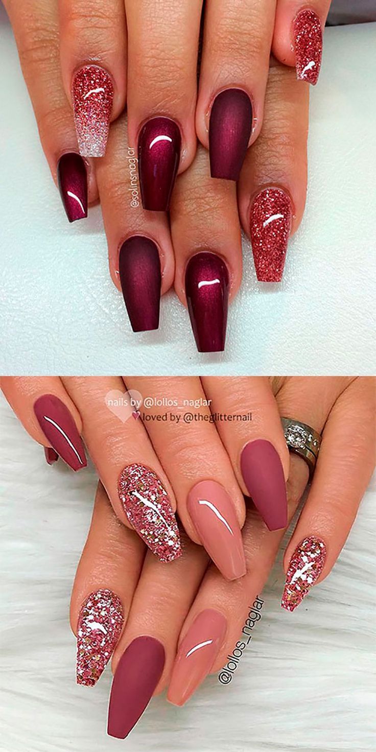 Burgunder Sargnägel mit Glitzer-Ideen #beautynailsacrylics #bordeaux #cercueil #idees #ongles...