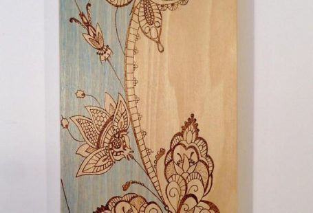 Butterflies and flowers wood art wood burned art blue wash