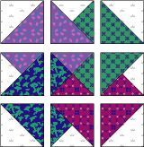 Cutting Instructions Background … Piece A – Cut two squares 4 7/8″ x 4 7/8″; sub cut diagonally to make a total of 4 half-square triangles … Piece B – Cut one square 5 1/4″ x 5 1/4″; sub cut diagonally to make 4 quarter-square triangles From each of FOUR different prints (purple, green, magenta, …