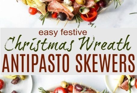 Easy Festive Christmas Wreath Antipasto Skewers are a beautiful centerpiece for your holiday appetizer table. Meats, cheeses, veggies and olives come together for a fresh, and festive snack everyone will love. #antipasto #appetizer