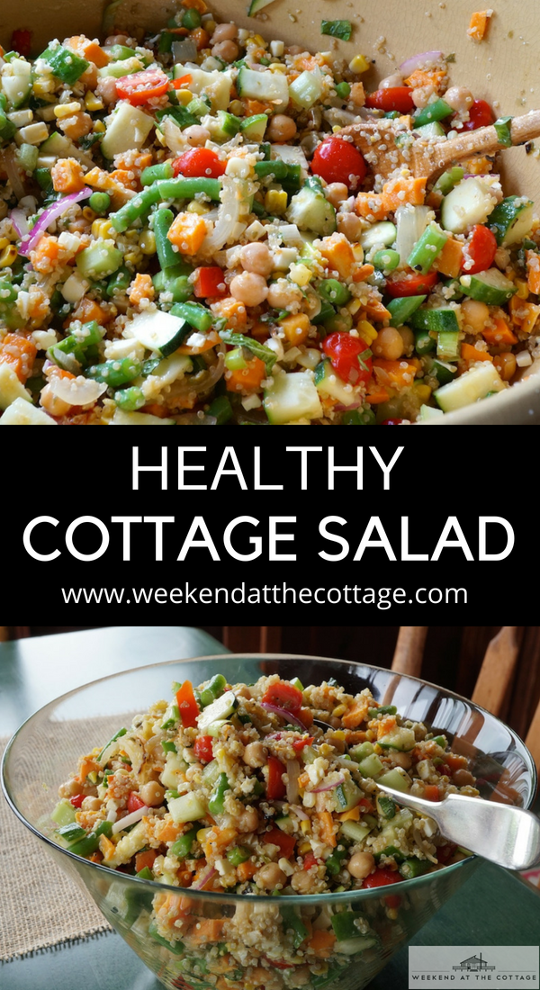 This healthy delicious salad makes a perfect summer lunch or dinner. We love serving this at the cottage because you can use up whatever you have on hand in fridge before heading back to the city. #healthysalad #healthyrecipe #salad 