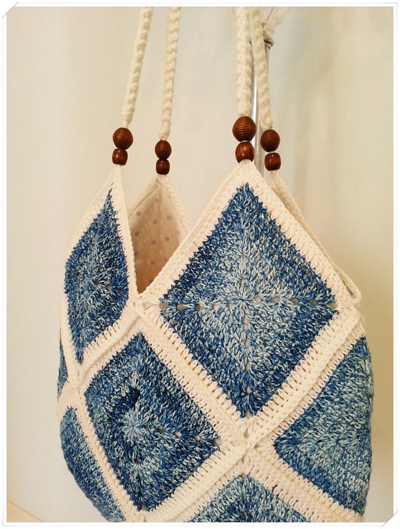 This crochet bag is the perfect accessory for your summer outfit. Summer is so close and sun is shining all around , its time for summer fashion :) Blue and white colors in adorable granny shape. The crochet bag has enough space for all your belongings :) Entirely handmade