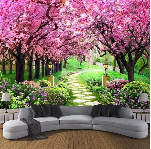 Gorgeous 3d photo print design cherry blossom trees wall mural. Pink flowers stone pathway landscape wallpaper. Free worldwide shipping.