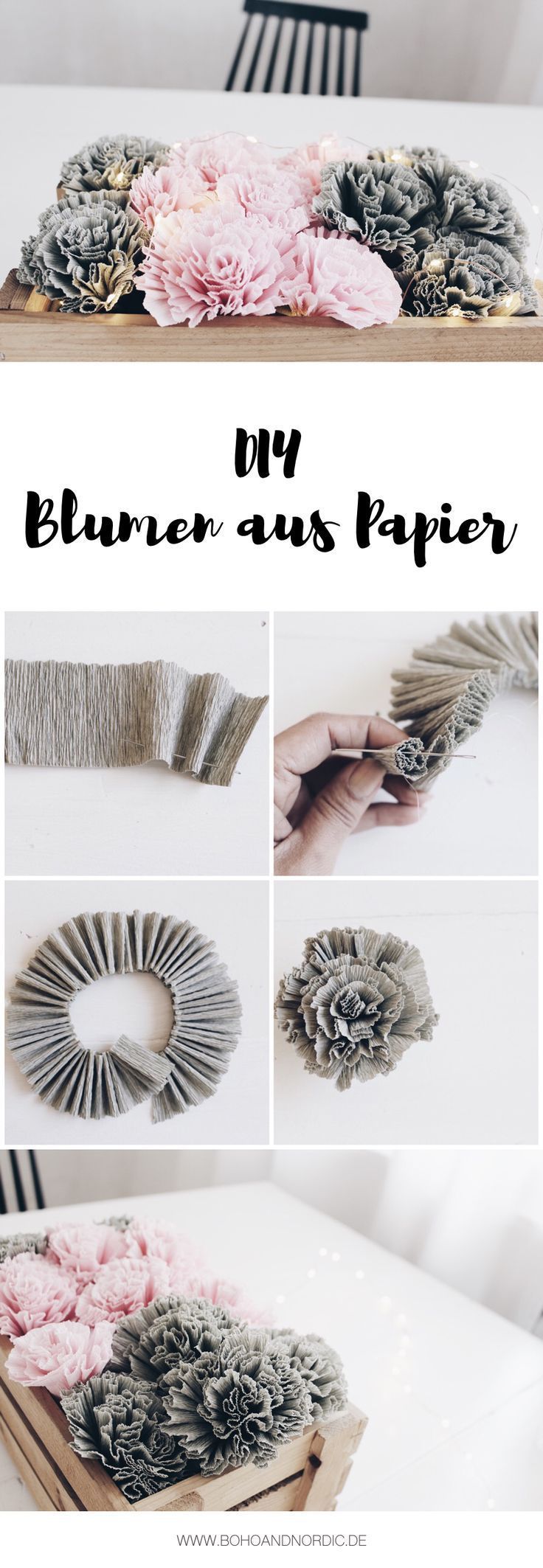 DIY Blumen aus Papier. In dieser Anleitung zeige ich dir, wie man wunderschöne Blumen aus Papier ganz einfach selber basteln kann. Sie sind super als Dekoration für dein Zuhause. Für die Anleitung einfach auf das Bild klicken.