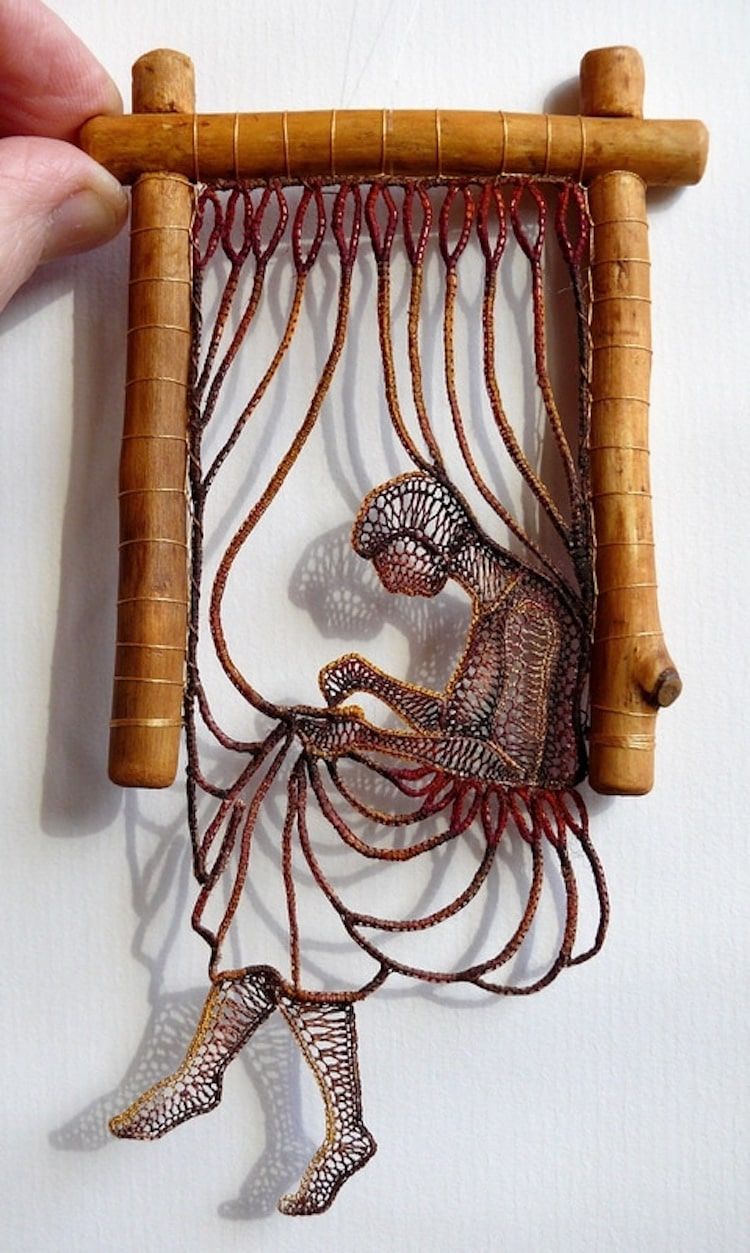Artist Ágnes Herczeg combines delicate lace art with the knotty branches of found wood to create scenes depicting the contemplative beauty of humanity.