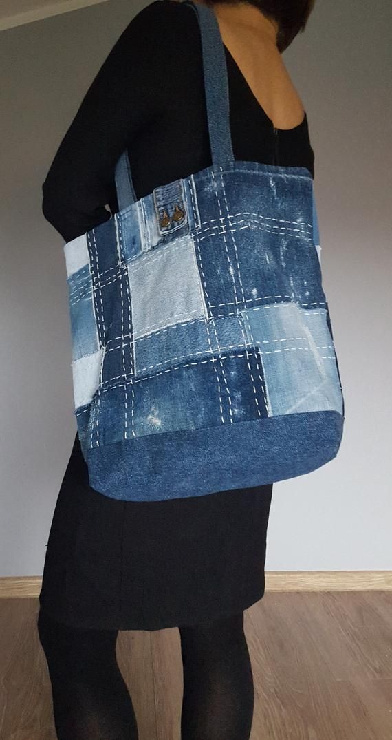 Denim bag, shoulder bag 100 % upcycled blue jeans in patchwork style, The Japanese patchwork style Boro & sashiko - #bag #Blue #Boro #Denim #etsy 