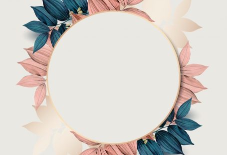 Round gold frame on pink and blue leaf pattern background vector