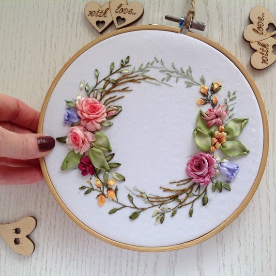 Elegant floral wreath hoop art Silk ribbon embroidery wall decor Modern framed botanical wall hanging