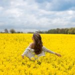 Striped cardigan in British rapeseed fields. Having such a yellow moment![The Londoner.]