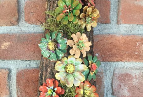 Handmade Wood Framed Pinecone Flowers With Moss Log Framed