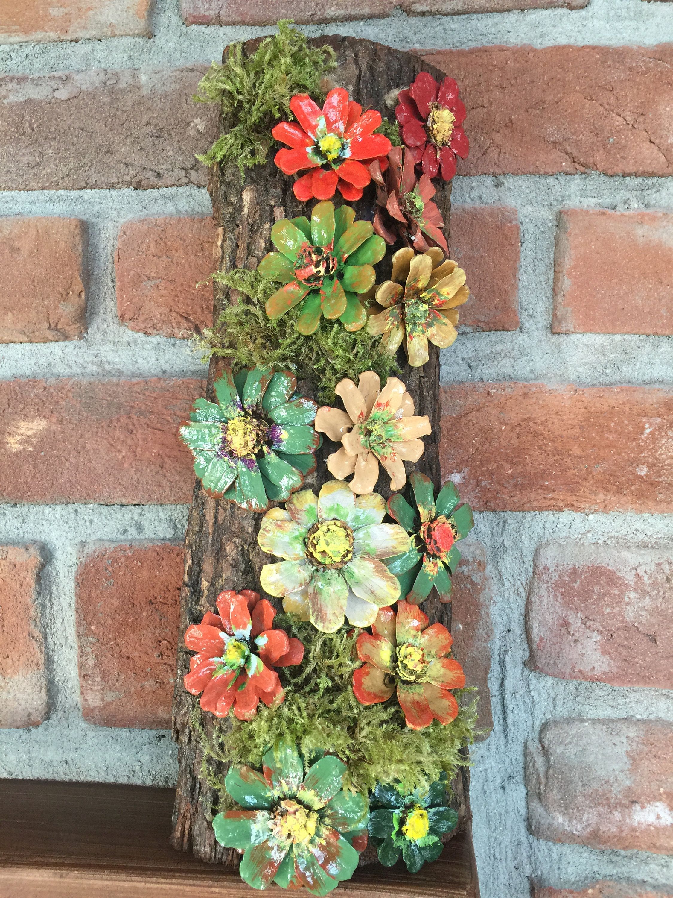 Handmade Wood Framed Pinecone Flowers With Moss Log Framed | Etsy