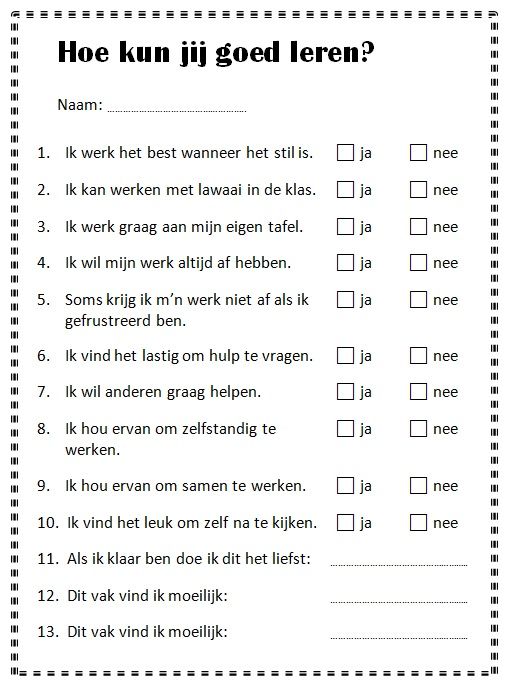 Ik werk het beste wanneer het stil is. Ik werk graag aan mijn eigen tafel. Ik werk graag zelfstandig. Ik vind het lastig om hulp te vragen. Allemaal gegevens die voor jou als leerkracht van belang kunnen zijn bij de start van het schooljaar. Met behulp van dit eenvoudige werkblad, dat ik vond op Pinterest, kun …