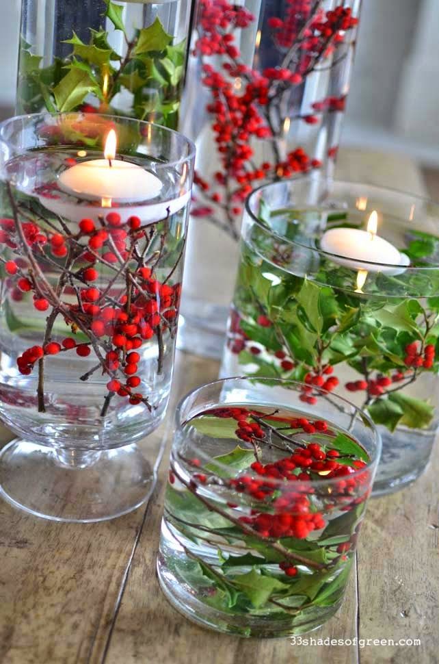 Hollies and red berries - beautiful winter DIY wedding center piece.