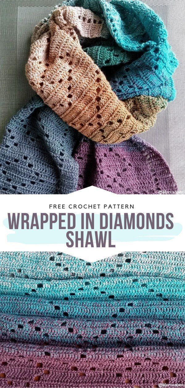 Wrapped in Diamonds Shawl Free Crochet Pattern Diamonds are a girl's best friends and, if you are not a fan of expensive jewelry, this precious crochet shawl will be the perfect alternative. Amazing ombre yarn will be showcased beautifully in this simple but stunning design. It's an easy way for beginners to create a stunning accessory for many seasons. #crochetshawl