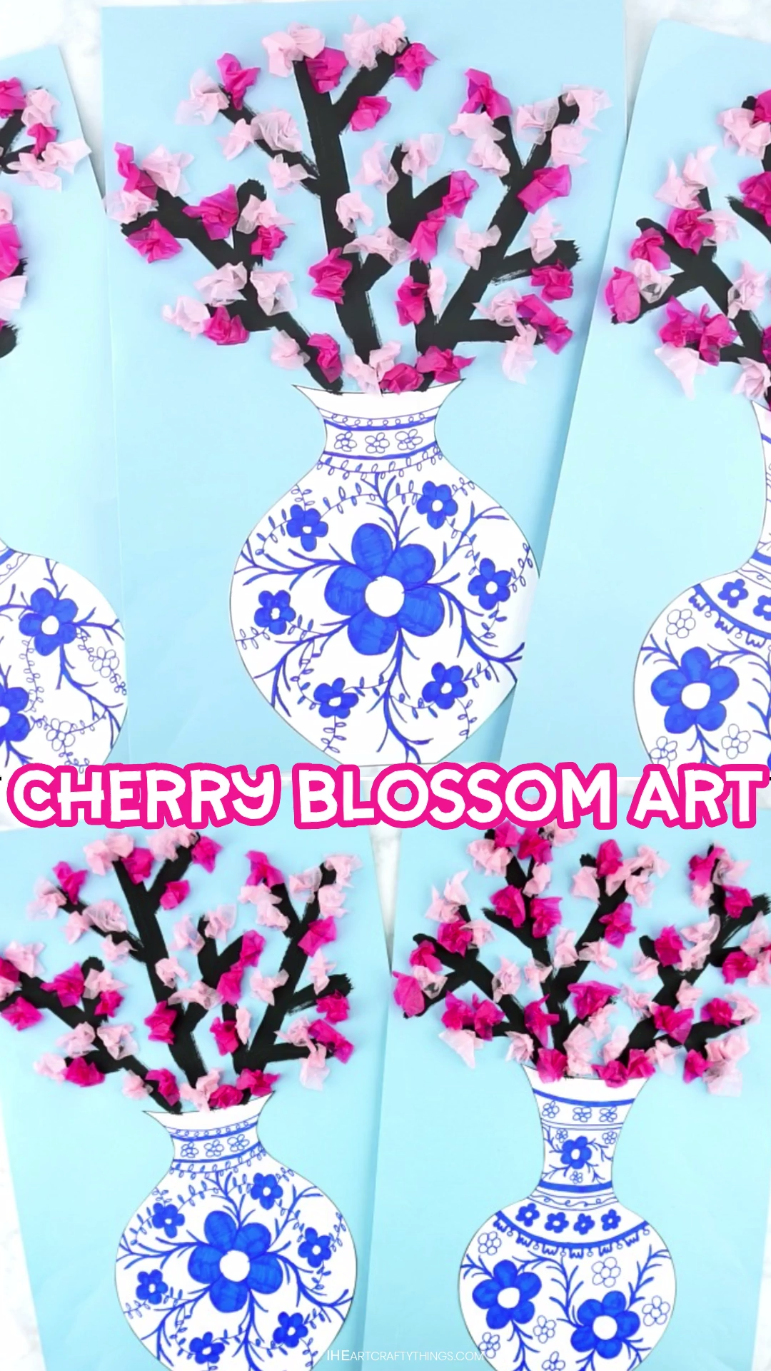 How to Make a Cherry Blossom Art Project- Simple and beautiful cherry blossom art project for kids of all ages. Design a Japanese art vase from our template and fill it with colorful cherry blossoms. Easy spring craft for kids. #iheartcraftythings