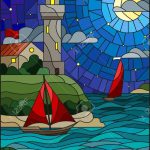 Illustration in stained glass style with sea view, three ships and a shore with a lighthouse in the background of starry night cloud , moon and sea Stock Vector - 86229479