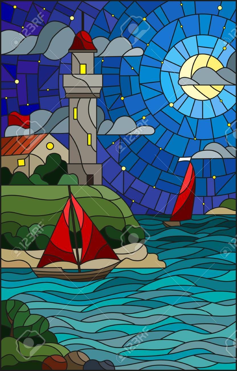 Illustration in stained glass style with sea view, three ships and a shore with a lighthouse in the background of starry night cloud , moon and sea Stock Vector - 86229479