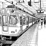 Urban, city, town, street, buildings, people, pedestrians, skyscrapers, car, traffic, area, day, outdoor, tree, office, business, pillar, lights, sky, clouds, day, outdoor, background, Tokyo, Japan, ink, sketch, style, black, white, image, drawing, painti…