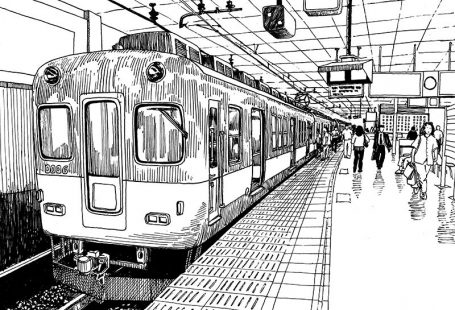 Urban, city, town, street, buildings, people, pedestrians, skyscrapers, car, traffic, area, day, outdoor, tree, office, business, pillar, lights, sky, clouds, day, outdoor, background, Tokyo, Japan, ink, sketch, style, black, white, image, drawing, painti…