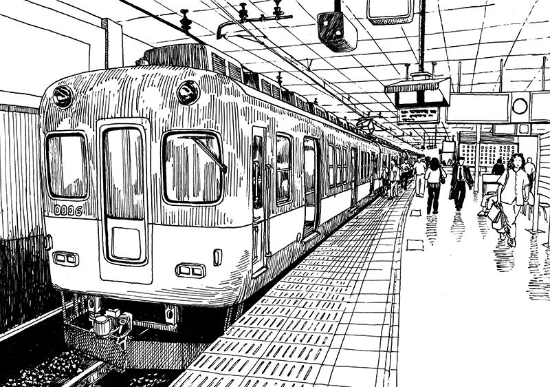 Urban, city, town, street, buildings, people, pedestrians, skyscrapers, car, traffic, area, day, outdoor, tree, office, business, pillar, lights, sky, clouds, day, outdoor, background, Tokyo, Japan, ink, sketch, style, black, white, image, drawing, painti…
