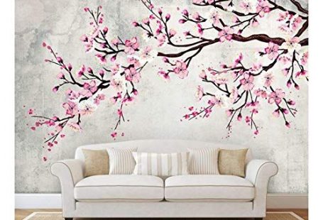 Large Wall Mural Watercolor Style Ink Painting Pink Cherry Blossom on Vintage Wall Background Vinyl Wallpaper Removable Wall Decor