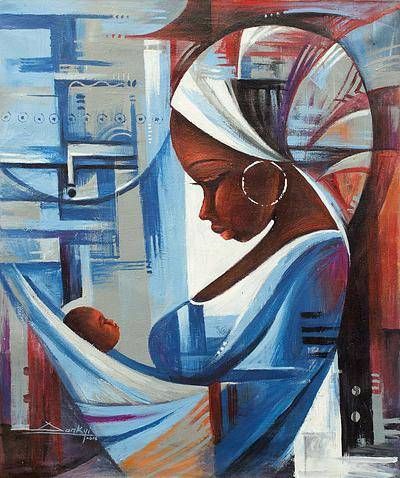 'Madre e hijo' - Pintura expresionista de una madre y niño de África occidental