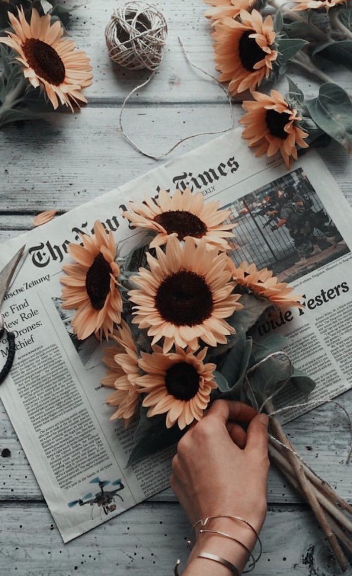 Orange Blumen, Sonnenblumen in einem Blumenstrauß auf einer Zeitung, Foto des Swagmädchens? #auf #Blumen #Blumenstrauß #des #einem 