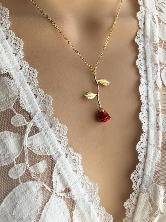 Original Red Rose Necklace Gold Rose Beauty and the Beast | Etsy