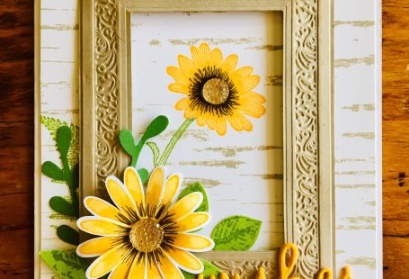Daisy Lane Bundle +large Daisy Punch, Leaf Punch, Sprig Punch, Heirloom Frames, sponged, Birch background Stamp.