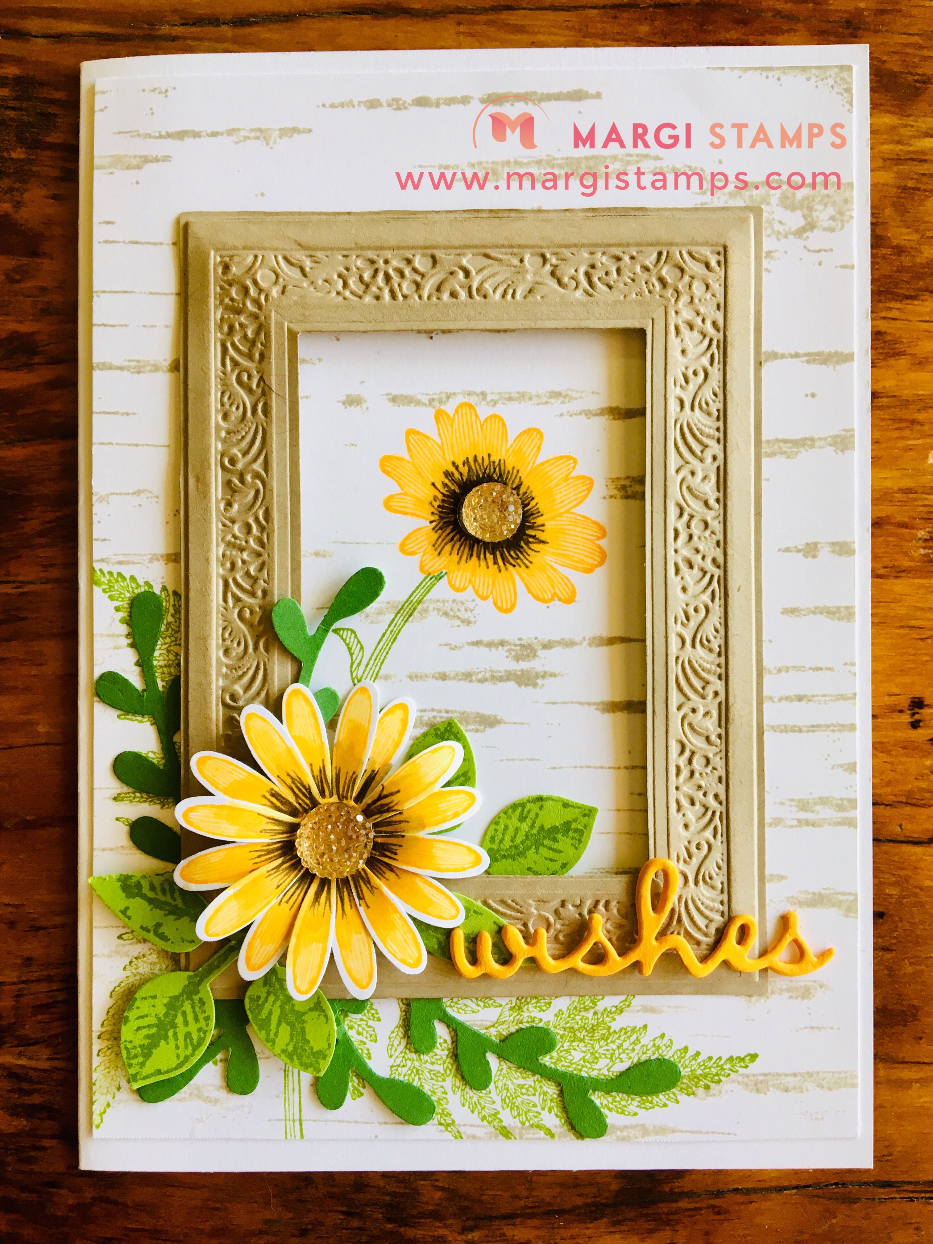 Daisy Lane Bundle +large Daisy Punch, Leaf Punch, Sprig Punch, Heirloom Frames, sponged, Birch background Stamp.
