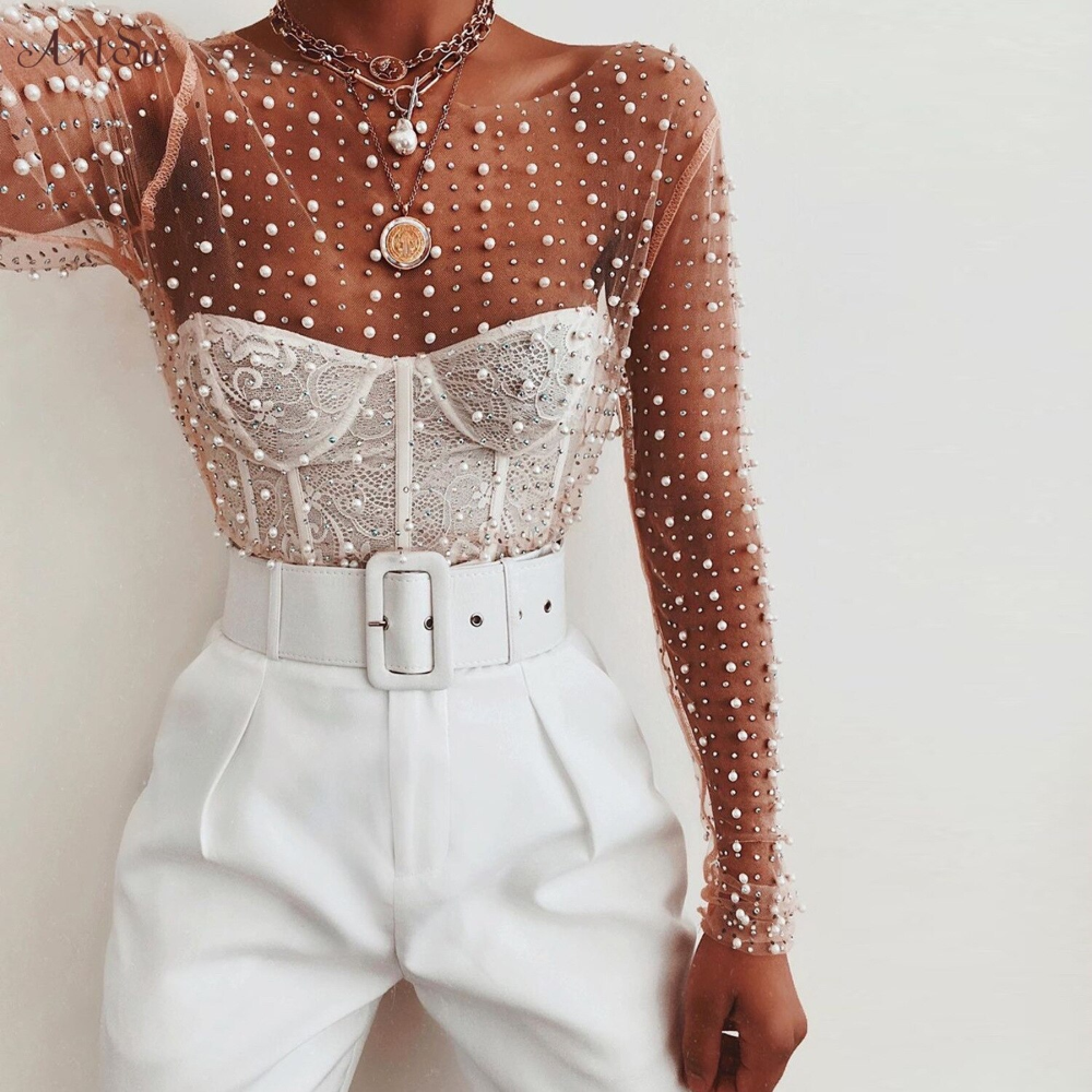 Pearl Mesh Lace Beading Long Sleeve Shirt Top SF – loveitbabe