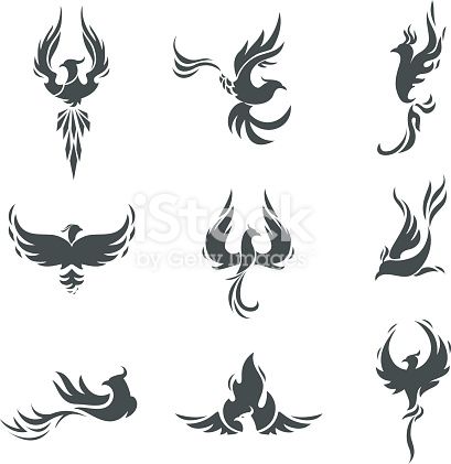 Phoenix bird stylized silhouettes icons on white background. template in the form of a burning flying phoenix. The concept of growth, strength and freedom.