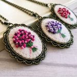 Pink Embroidered Bouquet Necklace Pink Floral Pendant Flower