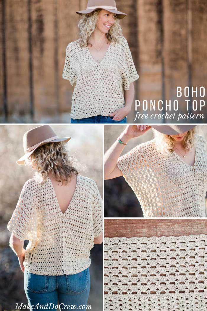 Made from two simple rectangles, this poncho-style summer crochet top will give your outfits a boho vibe all season. Free crochet pattern using the Iris Stitch and the Boxed Shell Stitch, featuring Lion Brand Yarn LB Collection Cotton Bamboo.     #boho #crochet #freepattern 
