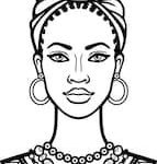 African beauty: animation portrait of the  beautiful black woman in a turban. Monochrome drawing. Vector illustration isolated on a white background. Print, poster, t-shirt, card.