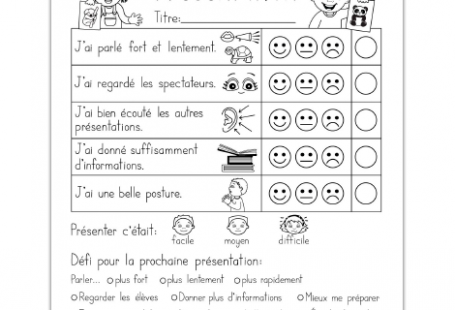 Fichier PDF téléchargeable En noir et blanc Versions pour le préscolaire et pour le 1er cycle incluses 2 pages  Voici deux fiches pour évaluer les présentations: une fiche avec pictogrammes et une autre sans. L