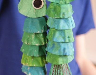 Could use small paper cups that the kids paint, then you poke a hole in the top and put string through and tie a knot, then do another one up higher and tie another knot. Then draw a mouth on top of fish and then put a googly eyes on it. Bottom fins could be construction paper or have them cut a V into paper cup.